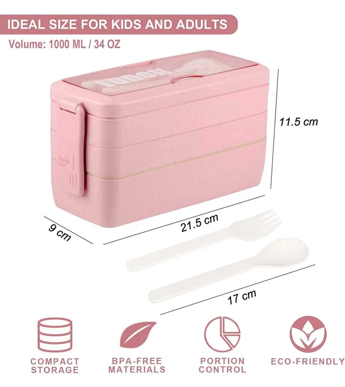 ASYH Bento Box Lunch Box, 3-in-1 Compartment Meal Prep Stackable Containers
