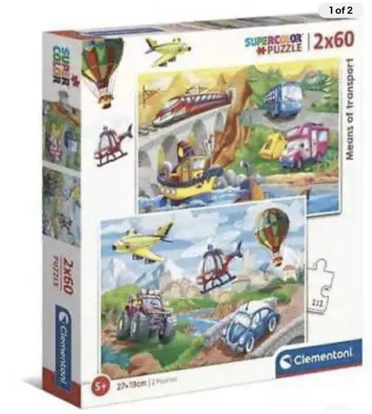 2 In 1 Puzzle 2x60 Super Color Means of Transport Clementoni 5+ Brand New Sealed